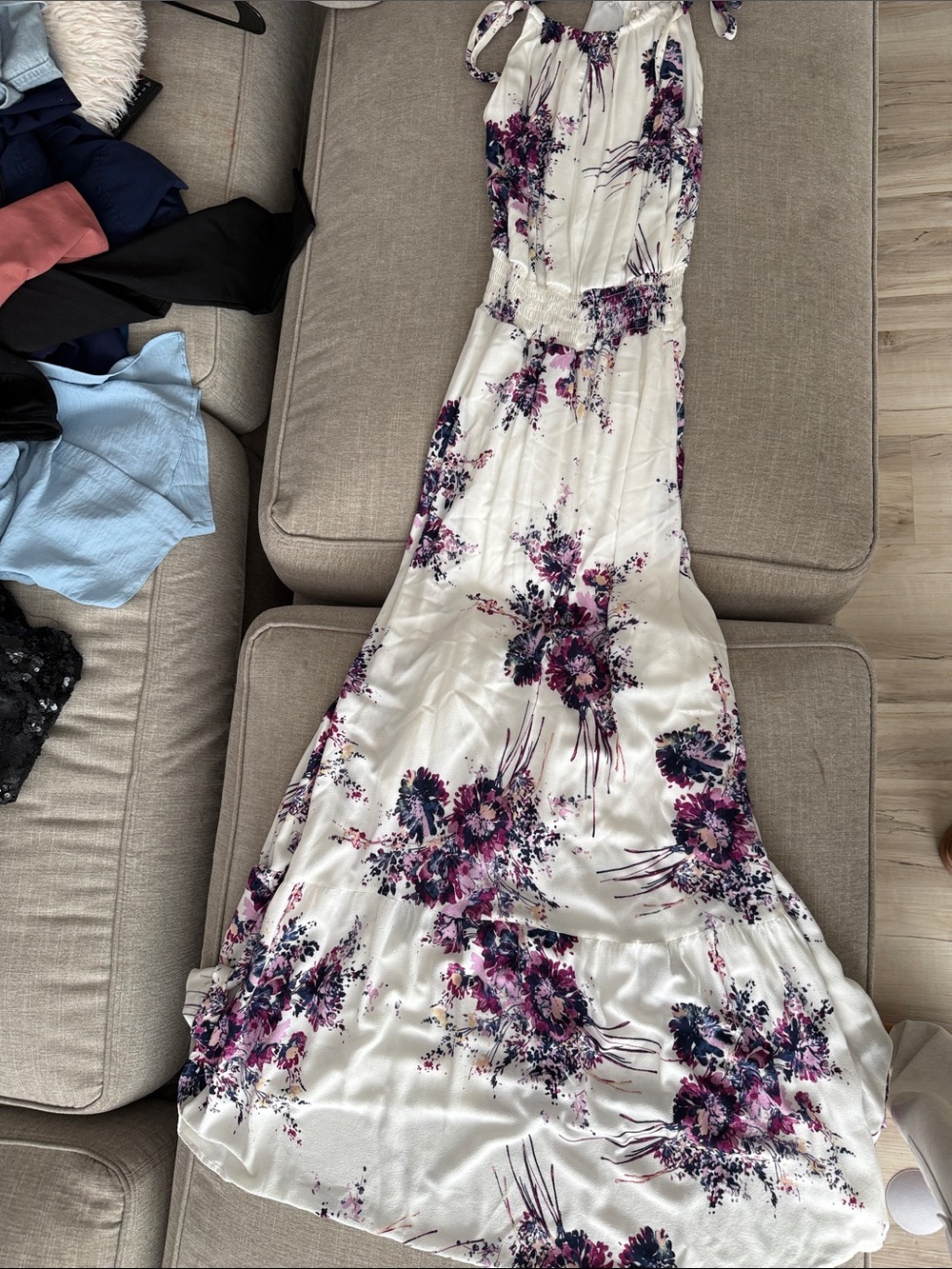 Maurice’s White Floral Maxi Dress with Purple & Pink Blooms XS
